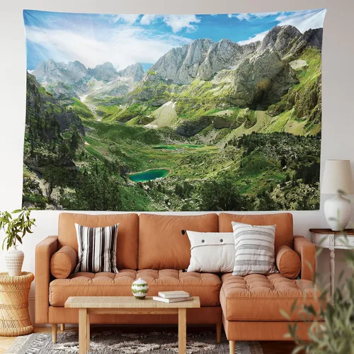 Vista 39 de Ambesonne Tapiz de paisaje, paisaje primaveral con prado por la montaña y el cielo, impresión vívida de la naturaleza, para colgar en la pared