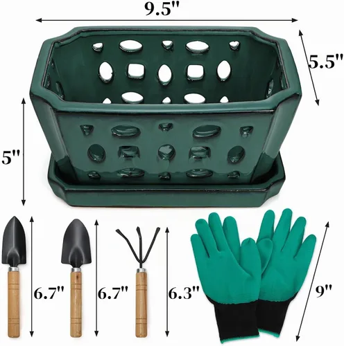 Vista 2 de Pumtus Maceta de cerámica para orquídeas con platillo y agujeros, maceta rectangular grande con guantes y 3 palas, maceta decorativa esmaltada