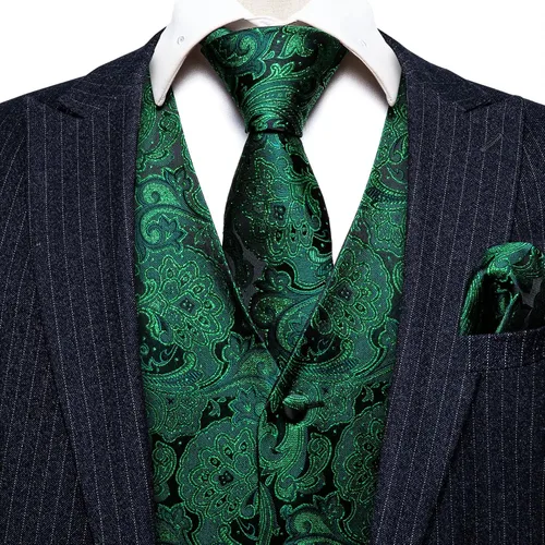 Vista 4 de Barry.Wang Chaleco formal de los hombres Paisley Jacquard seda corbata traje chaleco conjunto boda 5PCS