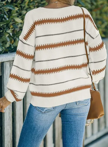 Vista 2 de Dokotoo - Suéter de bloques de colores para mujer, suéter de manga larga con cuello redondo, suéter sin botones