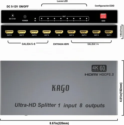 Vista 3 de KAGO Divisor HDMI de 8 puertos 4K @60Hz 1 en 8 salidas con EDID