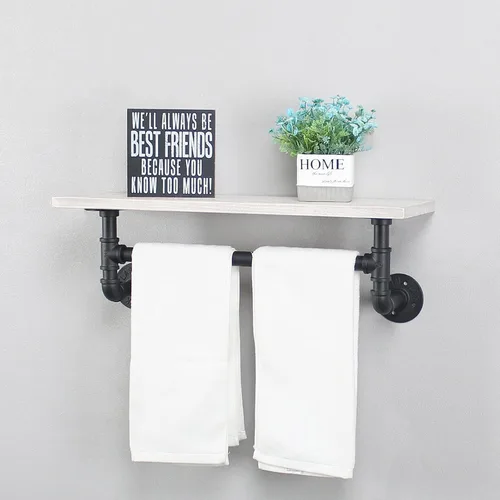 Vista 7 de MBQQ Estantes de tubería para baño en negro y blanco con toallero sobre el inodoro, estantes flotantes de 24 pulgadas de madera de pino para montaje