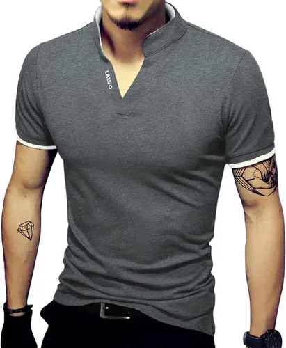 Vista 14 de LOGEEYAR Camisas polo Henley de moda para hombre, camisetas casuales de manga corta/larga, camisas de polo de algodón ajustadas para hombre Negro