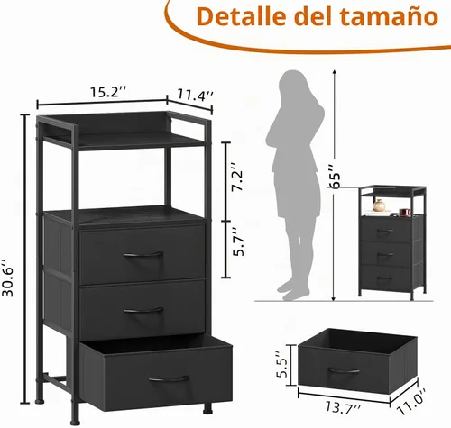 Vista 3 de Somdot - Mesita de noche con 3 cajones, cómoda con contenedores de tela para dormitorio, pasillo, entrada, mueble de mesa auxiliar junto a la cama.