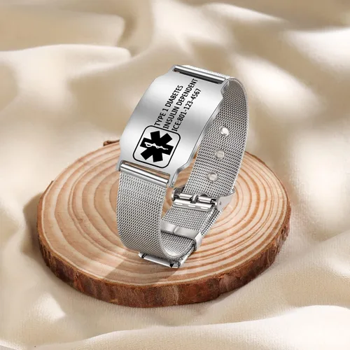 Vista 4 de Lam Hub Fong Pulseras médicas de emergencia grabadas gratuitas personalizadas para hombres y mujeres, ajustables, de doble cara, pulseras