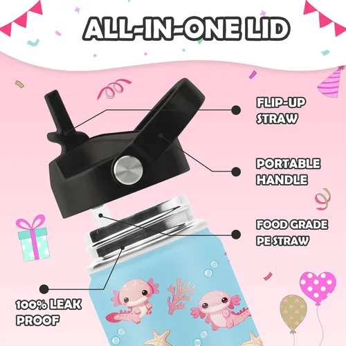Vista 5 de Axolotl - Botella de agua de 12 onzas con tapa con pajilla, botella de agua de acero inoxidable con diseño de ajolotes para niñas, taza aislada