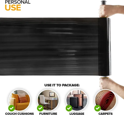 Vista 12 de Modern Innovations Rollo de envoltura elástica negro de 15 pulgadas con asas (1 rollo de 1000 pies), envoltura retráctil resistente para mudanzas
