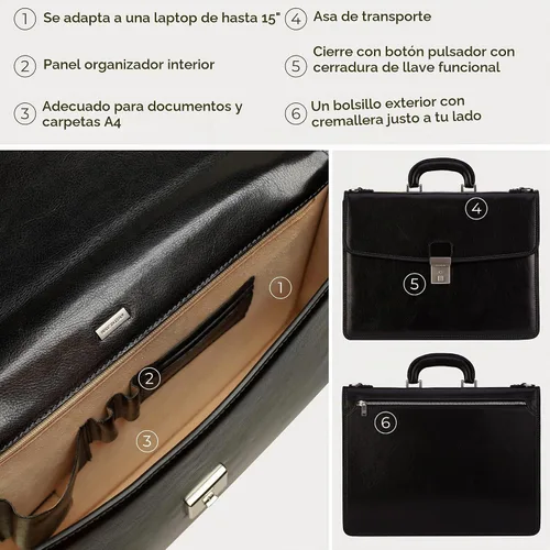 Vista 6 de Time Resistance Leather Briefcase - Italian Handmade Leather Laptop Bag - Handbag for Men - Professional Computer Case Negro