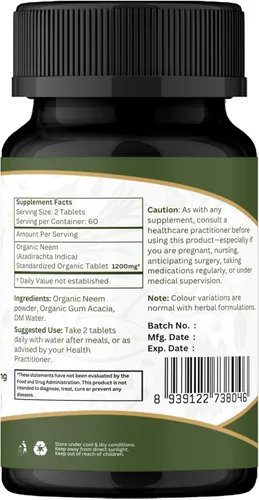 Vista 8 de ORGANIC SPREE Neem 120 tabletas Azadirachta Indica (Neem) Certificado orgánico USDA Piel sana y desintoxicación* Suplemento dietético - 120