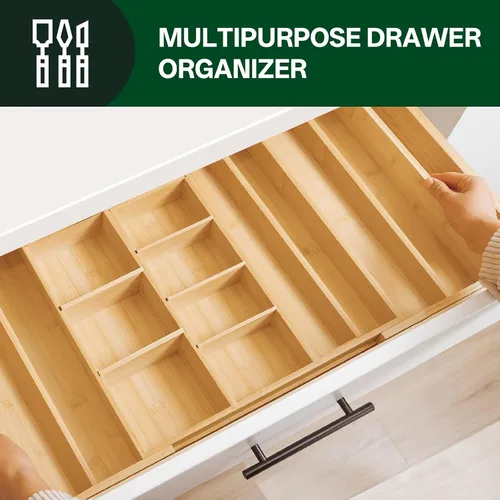 Vista 7 de Organizador de cajones expandible de bambú de alta calidad: organizador de cajones de cocina expandible y bandeja de utensilios con divisores