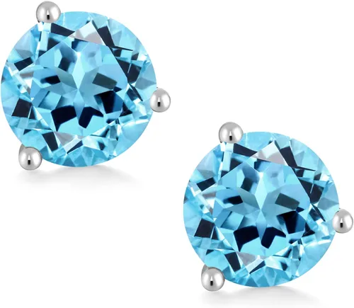 Vista 2 de Gem Stone King Aretes de tuerca de Martini de 3 puntas de oro blanco de 18 quilates con topacio azul suizo para mujer