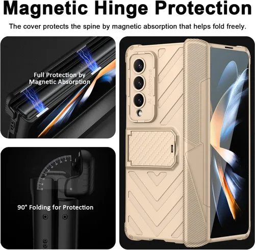 Vista 2 de Miimall Funda compatible con Galaxy Z Fold 4, Fold 4 con protección de bisagra, protector de pantalla de vidrio templado, soporte ajustable, fundas