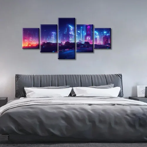 Vista 80 de Cuadros de 5 paneles de Cyberpunk City, arte de pared, representación de vallas publicitarias, edificios modernos en la capital con obras de arte