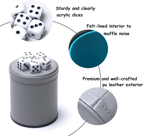Vista 5 de Paquete de 5 dados de piel sintética con forro de fieltro silencioso con 30 dados de puntos para juegos de dados Yahtzee Farkle, gris
