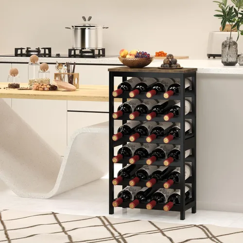 Vista 3 de MOGELAFOO Estante de vino de bambú de 6 niveles independiente, 24 estantes de almacenamiento de vino con mesa, estante apilable de exhibición