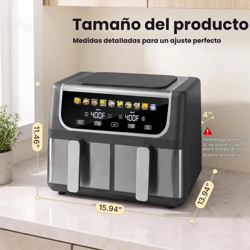Vista 2 de Freidora de aire de 2 cestas de 9.5 cuartos de galón, freidora de aire doble 10 en 1 con placa de cerámica para verduras, temperatura ancha de 80 a