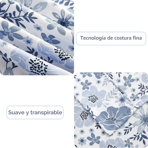 Vista 6 de Mooreeke Juego de sábanas de tamaño individual, 3 piezas, de microfibra suave y transpirable, patrón floral azul y blanco, bajera que no se sale