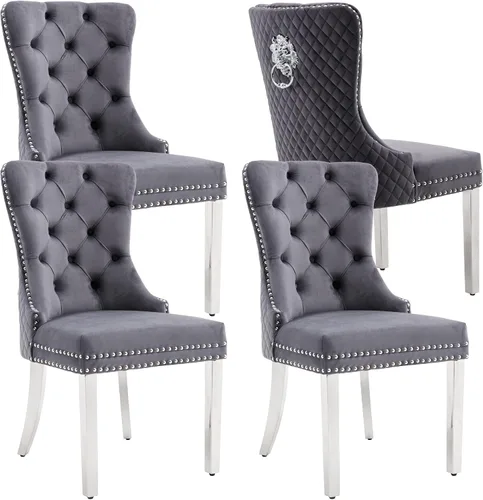 Vista 21 de KCC Juego de 2 sillas de comedor de terciopelo, sillas modernas copetudas Patas de acero inoxidable beige++ plata