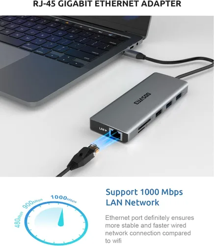 Vista 5 de EUASOO Estación de acoplamiento USB C de triple pantalla 11 en 1 con HDMI 4K dual, Ethernet Gigabit de 1000 Mbps, PD 3.0, 4 puertos USB