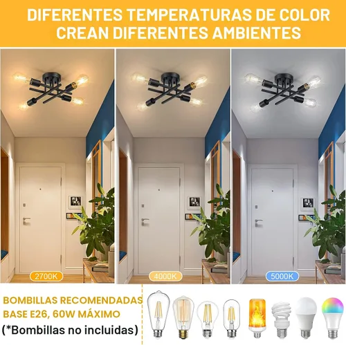 Vista 3 de SunRider Lámpara de Techo Industrial Semiempotrada de 4 Luces, Luces de Casa de Campo Moderna Negro Mate, Candelabro Rústico Sputnik para Dormitorio