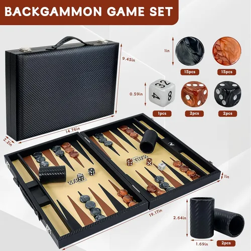 Vista 5 de Juego de backgammon de 15 pulgadas para adultos, de fibra de carbono de alta calidad, de piel sintética, plegable, juego de mesa clásico de viaje