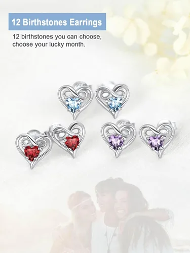 Vista 6 de SILVERCUTE Aretes de corazón infinito con piedra natal para mujer, plata de ley 925, joyería de moda, regalo de San Valentín, aniversario