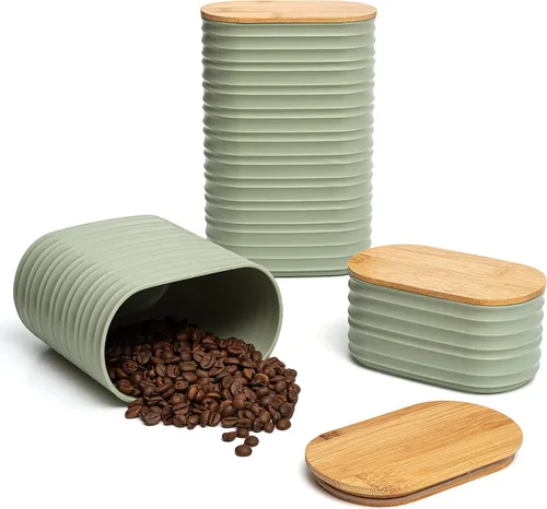 Vista 9 de Mixpresso Juego de recipientes negros para la cocina – Juego de recipientes herméticos de plástico para azúcar de 3 piezas con tapas de bambú