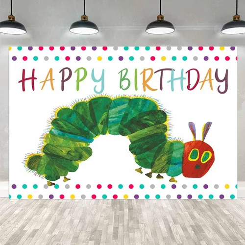 Vista 11 de Fondo de fotografía de feliz cumpleaños, fiesta temática de oruga de 5 x 3 pies, diseño de insectos de color arco iris, dibujos animados para niños