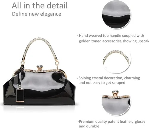 Vista 5 de Bolso de mano de charol brillante para mujer, bolso de mano con asa superior, bolso de hombro de noche, bolso de boda, bolso retro