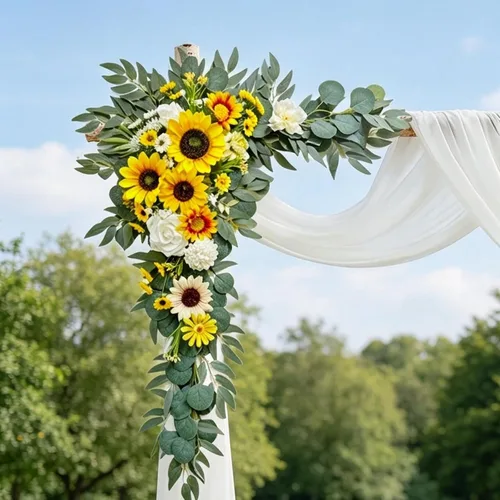 Vista 4 de Odouzy Kit de flores de arco de boda, decoración de arco de flores artificiales (juego de 3), 2 arreglos florales artificiales con 1 cortina