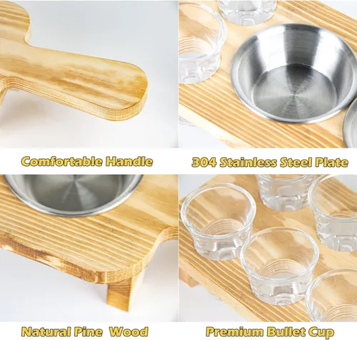 Vista 3 de Bandeja para servir vasos de chupito de tequila con juego de 6 vasos de chupito, soporte de madera único para beber, servir, exhibir y almacenar