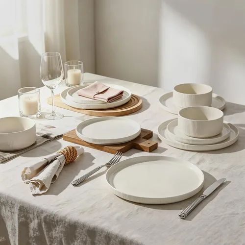 Vista 5 de Stoneware Dinnerware Sets for 4, 12Pcs Plates and Bowls Set, Cream White