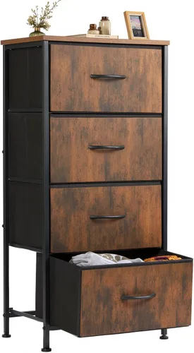 Vista 16 de Sweetcrispy Cómoda alta de tela para dormitorio, cómoda delgada de 6 cajones, torre de almacenamiento estrecha con parte superior de madera y marco