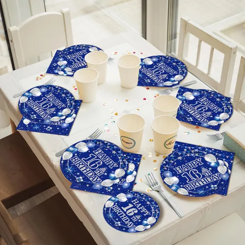 Vista 5 de Kepeel Juego de vajilla de 96 piezas para fiesta de 16º cumpleaños, decoraciones y suministros azul y plateado Feliz 16º Cumpleaños para niños