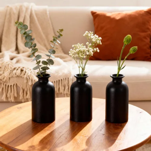 Vista 4 de Juego de 6 jarrones de cerámica negra, jarrones pequeños de 5 pulgadas para flores secas o plantas de casa, jarrones decorativos bohemios modernos
