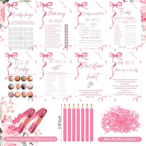 Vista 3 de Honoson 279 piezas de juegos de baby shower rosa con moño para 50 invitados, incluyen 8 juegos: Baby Shower Bingo, Price Is Right, Mommy or Daddy