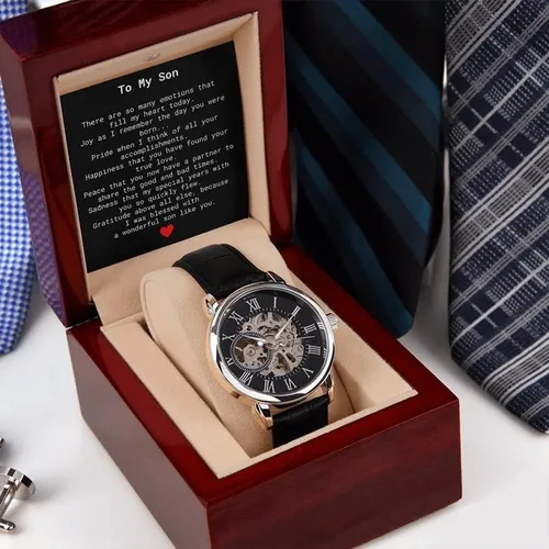 Vista 2 de Reloj calado para hombre con tarjeta de mensaje especial para mi hijo en el día de su boda, regalo de boda de madre a hijo, para hijo de madre