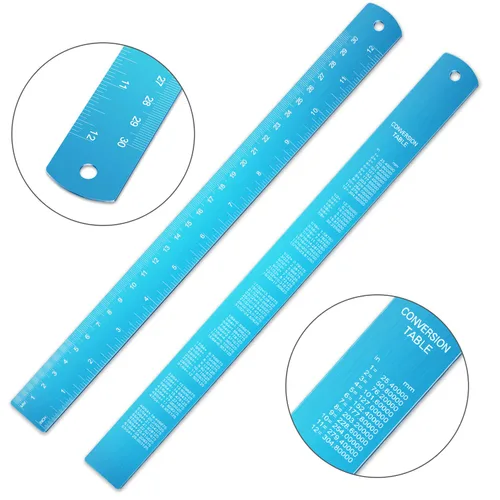Vista 2 de Regla de acero inoxidable y kit de reglas de metal con tabla de conversión (azul, 12 pulgadas, 6 pulgadas)