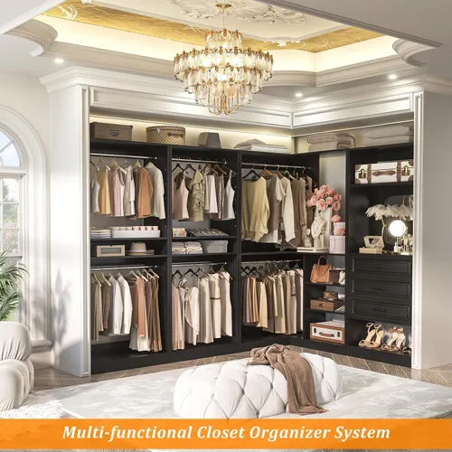 Vista 4 de Unikito Sistema de armario con cajones, sistema modular de organizador de armario de esquina de 86 pulgadas con espejo, organizador de armario