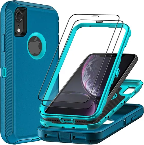 Vista 8 de Funda para iPhone XR con 2 protectores de pantalla de vidrio templado, grado militar 3 en 1, resistente a prueba de golpes, a prueba de caídas