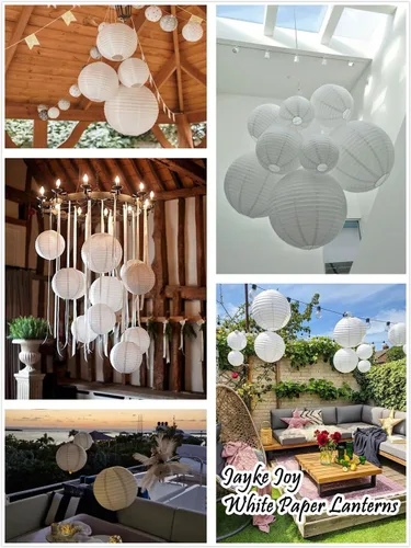 Vista 3 de 15 unidades de linternas de papel blancas colgantes con bolas para decoración de cumpleaños, boda, fiesta de compromiso, baby shower, clase de arte