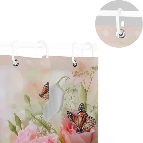 Vista 5 de MNSRUU Fabric Shower Curtain, Flowers and Butterflies Pink Waterproof Polyester Curtains with Hooks for Home Bathroom Decorative