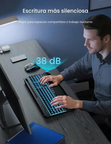Vista 7 de SABLUTE KM25Pro - Combo de teclado inalámbrico y mouse, teclado ergonómico retroiluminado recargable con batería de 4000 mAh, reposamuñecas