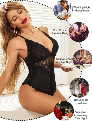 Vista 6 de Avidlove - Lencería para mujer, body con cierre a presión en la entrepierna, con encaje sexy en contraste, babydoll, una pieza, lencería tipo Teddy