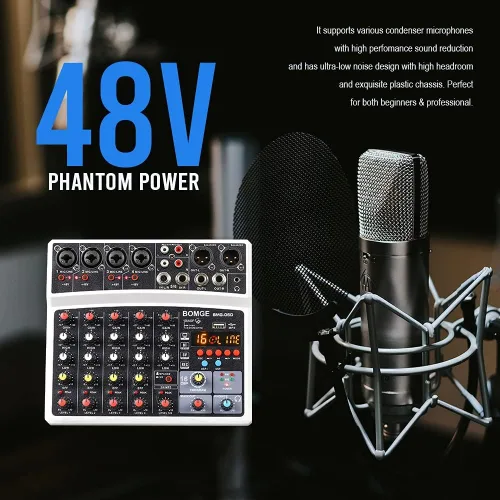 Vista 7 de BOMGE Mezclador de sonido de audio de 6 canales – Consola de mezcla de DJ digital profesional para transmisión en vivo, karaoke y grabación estéreo