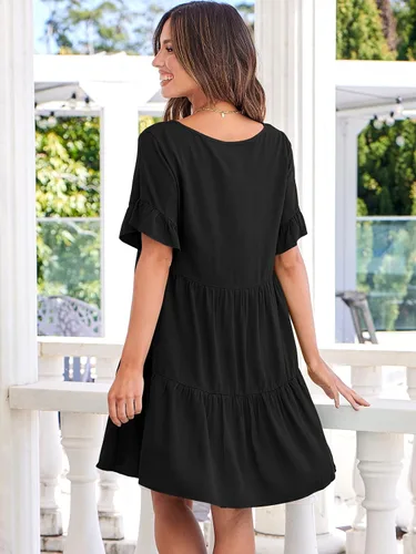 Vista 5 de ANRABESS Vestido de verano casual con cuello en V para mujer, vestido babydoll de manga corta con volantes y escalonado, mini vestido de playa