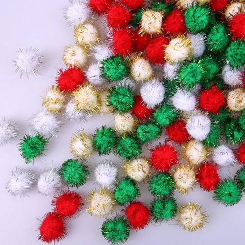 Vista 2 de 200 pompones de Navidad con purpurina de colores surtidos (0.59 pulgadas)