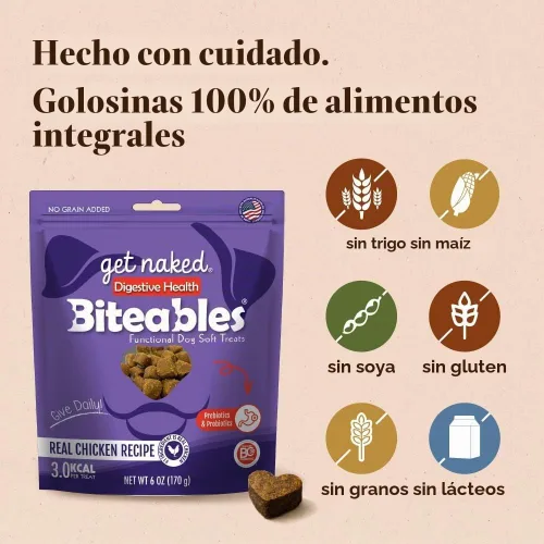 Vista 3 de Get Naked Biteables - Golosinas suaves diarias para perros para la salud digestiva, hechas con harina de pollo real y arroz para una fácil