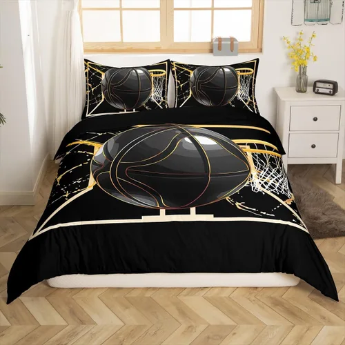 Vista 3 de Erosebridal Juego de ropa de cama de baloncesto tamaño individual, funda de edredón dorada para cancha de baloncesto plateada, funda de edredón