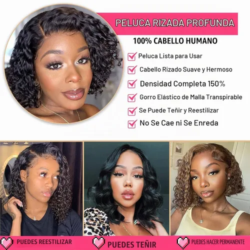 Vista 2 de Pelucas de cabello humano rizado profundo, parte lateral, encaje frontal precortado, encaje frontal para usar y llevar, peluca sin pegamento